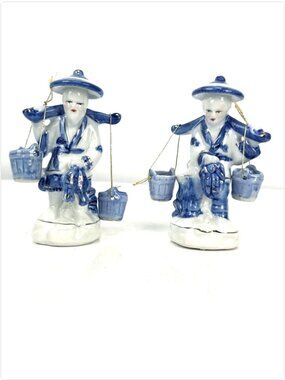 Vintage Chinese Blue White Porcelain Fisherman Figurine Pair Mini Ornaments 4.5"